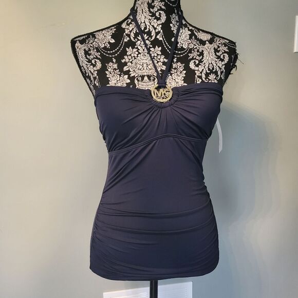Michael Kors Shirred Halter Bandini Swim Top and bottom Navy Small New - Picture 2 of 7